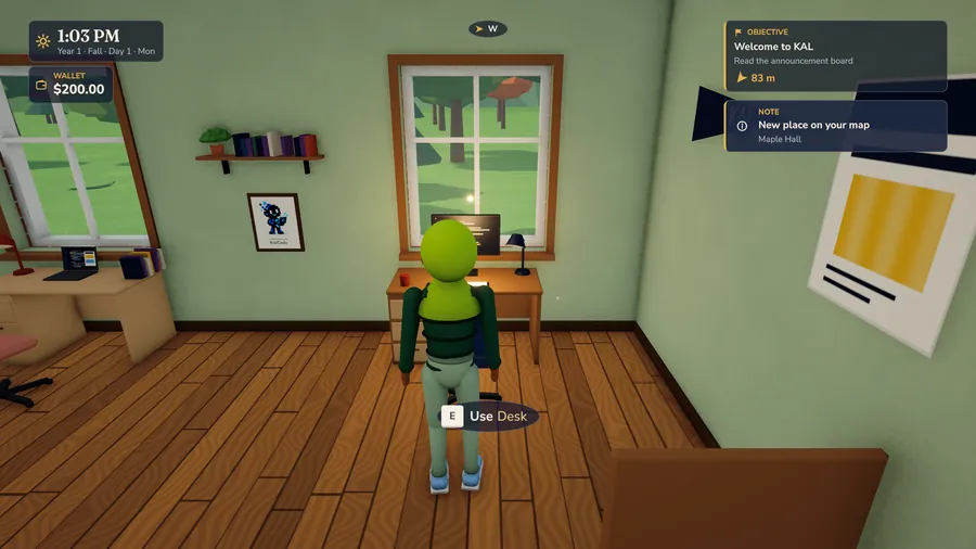The player in a sunlit dorm room next to the desk.