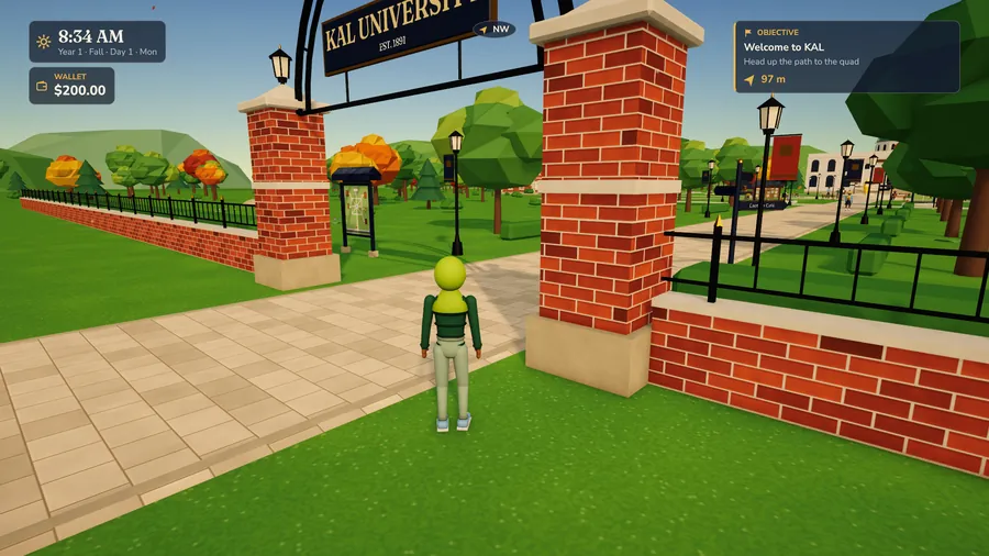 The player walking up to the brick KAL University gate on a sunny morning.