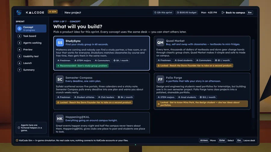 The in-game KalCode desk computer asking which product to build, with StudySync recommended.