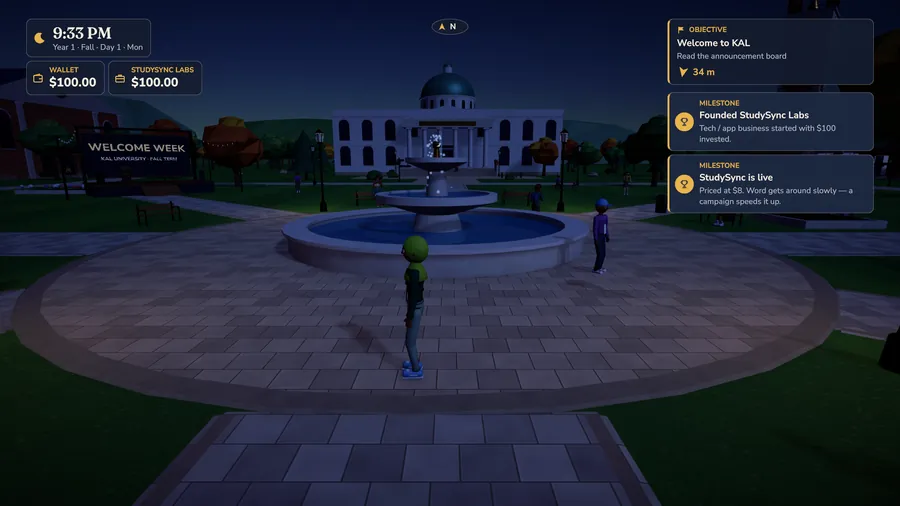 The campus quad at night with milestone notifications for founding StudySync Labs.